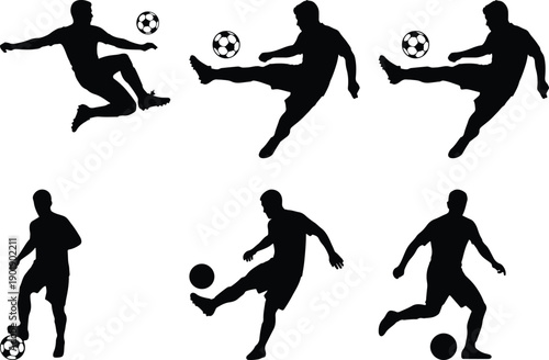 Collection of soccer player silhouettes, various kicks