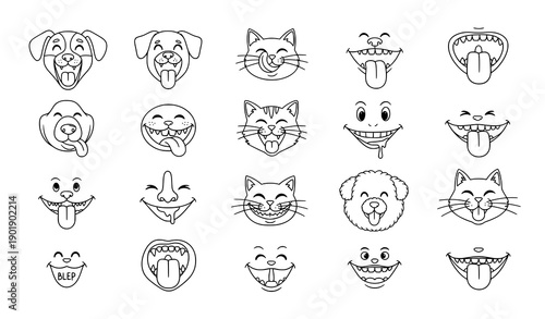 Hand drawn doodle pet mouth icon set dog and cat tongue licking face vector illustration