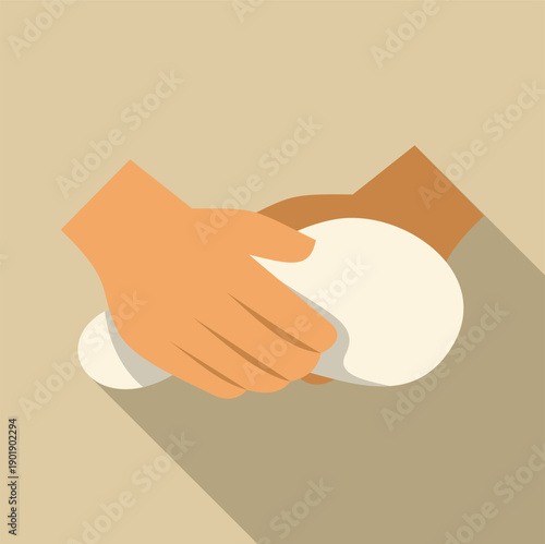 Hands kneading dough, preparing to bake bread with a flat design style