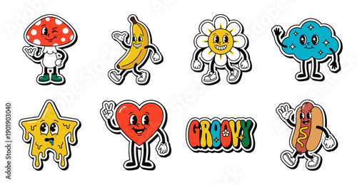 Retro Groovy Sticker Set with Vintage Cartoon Characters