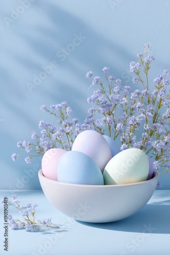 Wallpaper Mural easter eggs in pastel colors and spring flowers inside a bowl on a blue background Torontodigital.ca