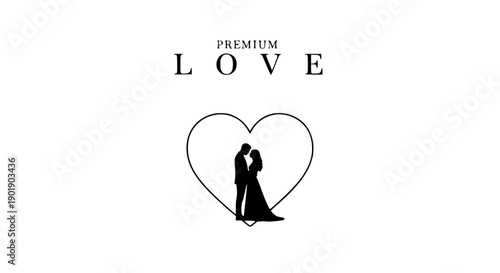 A romantic silhouette of a couple embracing within a heart outline, symbolizing premium love and commitment. Perfect for wedding designs, Valentines, or any love-themed graphic. Flat design.