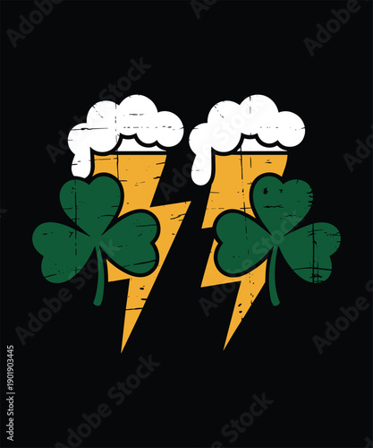 St. Patrick's Day Beer & Shamrocks Lightning Bolt Graphic T-Shirt, Lucky Irish Party Tee