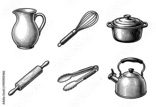 Set of vintage woodcut style kitchen utensils and cookware including a pitcher whisk pot rolling pin tongs and tea kettle.