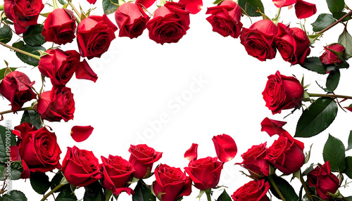 A circular frame of vibrant red roses encircles a black void, with scattered petals
