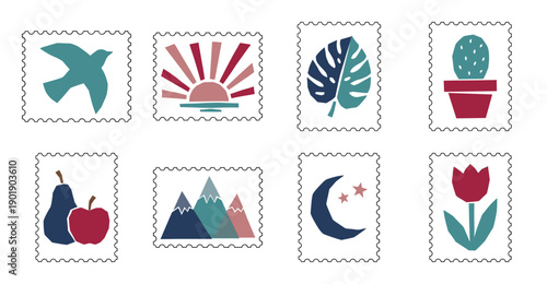 Minimalist Papercut Nature and Scenery Postage Stamp Set for Botanical Scrapbooking and Journaling