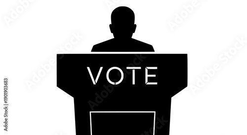 Silhouette of a Person at a Podium with 'VOTE' text, symbolizing elections and democracy, flat design vector illustration
