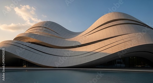 Wallpaper Mural Futuristic Architecture - A Modern Building with Wavy Design and Sky Backdrop. Torontodigital.ca