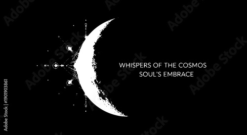 Crescent Moon with Celestial Constellation and Star Map, Mystical Cosmic Energy, Vector Illustration