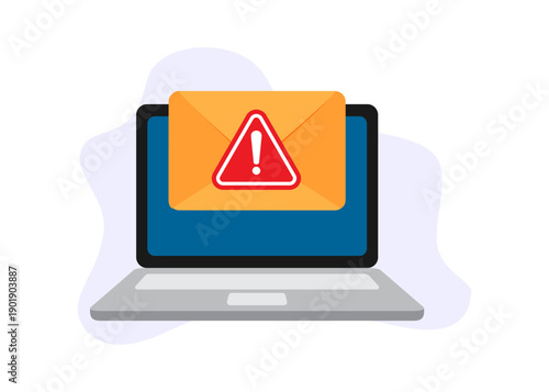 A vector illustration of a laptop showing a dangerous email notification with a red warning triangle alert symbol. Stock Illustration.