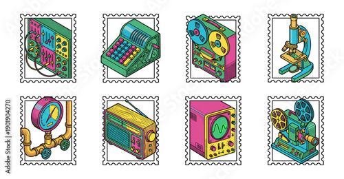 Retro Isometric Scientific Instrument and Analog Technology Postage Stamp Collection for Tech Nostalgia Projects