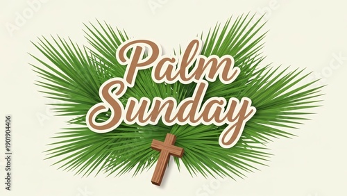 Palm sunday celebration with palm leaves and cross on beige background