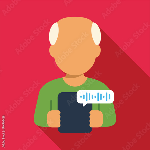 Senior man interacting with tablet computer, voice message icon appearing