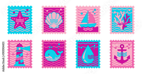 Minimalist Nautical Icon Postage Stamp Collection for Summer Travel and Marine Scrapbooking Designs