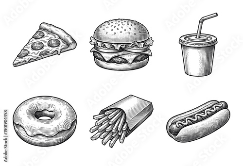 Set of six hand drawn fast food illustrations featuring pizza, burger, soda, donut, french fries, and hot dog in a detailed vintage woodcut engraving style.