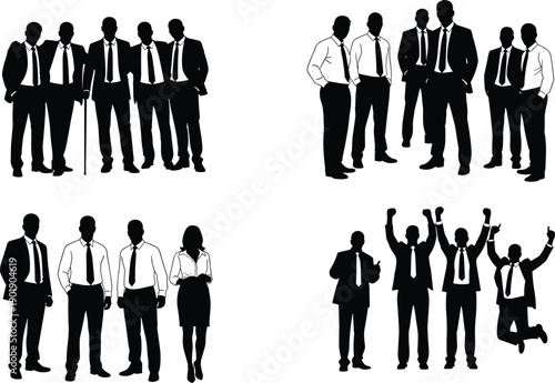 Business professional silhouettes set, corporate office workers walking, senior man with cane, evergreen pine forest trees, security and nature vector icons for creative design.