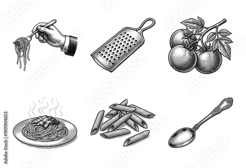 Italian pasta and kitchen tools set in vintage woodcut engraving style featuring spaghetti tomatoes and utensils
