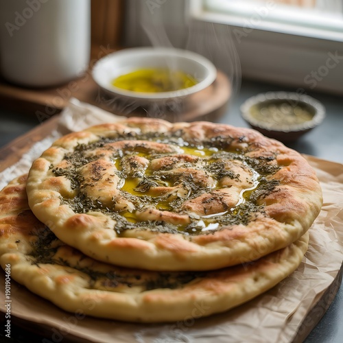 Traditional flatbread topped with herbs and olive oil drizzle on rustic wooden table