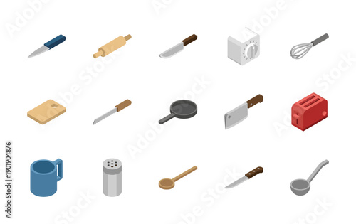 Kitchen tools isometric 3d icon set. Flat vector culinary symbols isolated.