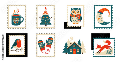 Flat Vector Winter Hygge Postage Stamp Collection for Holiday Stationery and Scandi Design