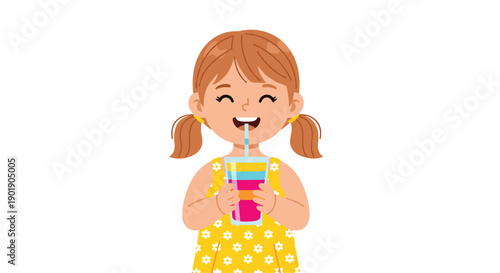 Adorable cheerful young girl with pigtails happily enjoying a vibrant layered rainbow drink through a straw, exuding