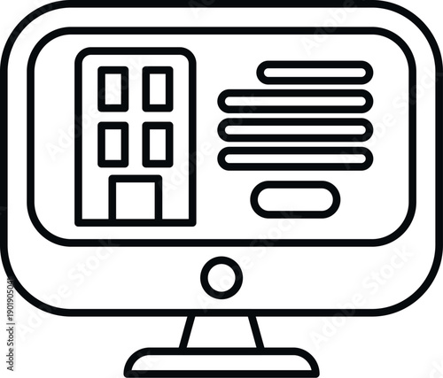 Computer monitor showing a hotel building with text fields for online booking