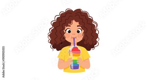 Enthusiastic young girl with vibrant curly hair in a yellow shirt joyfully sipping a refreshing rainbow slushie through