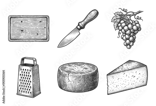 Vintage woodcut style illustration of cheese making and serving tools including a wooden board, knife, grapes, grater, and whole cheese wheels.