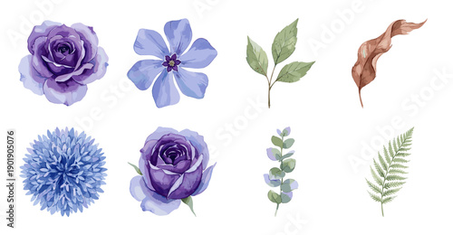 Purple Floral and Green Foliage Watercolor Element Set