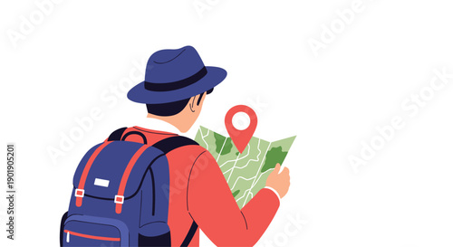 Man with a backpack and hat intently studies a map with a destination pin, symbolizing travel planning and adventurous exploration.