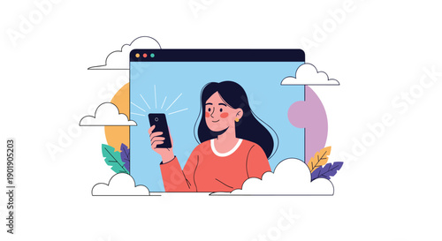 Smiling woman happily looks at her smartphone, framed within a web browser window and surrounded by clouds, symbolizing online presence and digital connection.