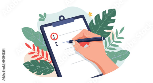 Human hand writes on a numbered list on a clipboard with a pen, surrounded by lush green leaves, symbolizing effective planning and organization.