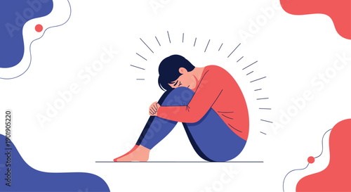 Distressed person sits cowering, hugging knees, radiating lines, surrounded by abstract shapes, symbolizing sadness depression and emotional isolation.