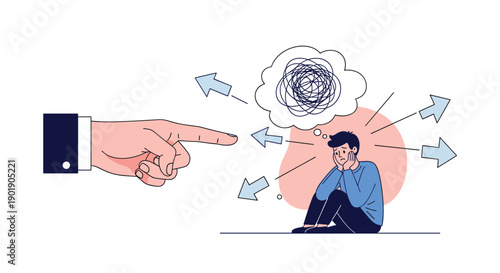 Large pointing finger accusatively targets a cowering man with tangled thoughts and diverging arrows, symbolizing blame, stress and judgment.