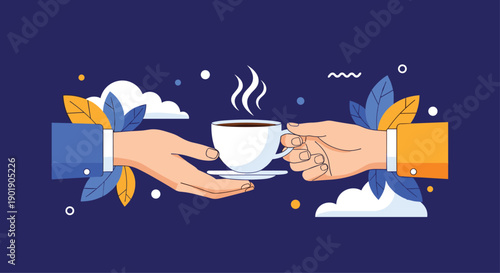 One hand kindly offers a steaming cup of coffee to another, surrounded by natural elements, symbolizing hospitality, sharing and a pleasant break.