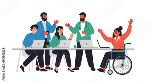 Diverse group of five cheerful office workers including a woman in a wheelchair collaborate happily, symbolizing workplace inclusivity and teamwork.