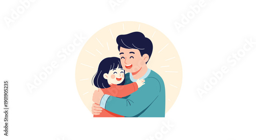 Loving man warmly hugs a happy little girl, radiating positive energy, symbolizing the strong father-daughter bond and deep affection.
