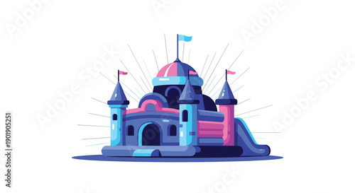 Brightly colored inflatable bouncy castle with flags and radiant lines, symbolizing childhood fun, playful recreation, and festive celebrations.