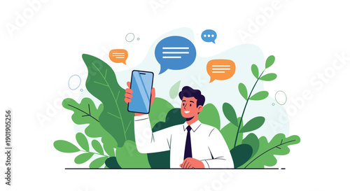 Smiling businessman happily holds a smartphone, surrounded by lush leaves and chat bubbles, symbolizing mobile communication and digital connection in a natural setting.