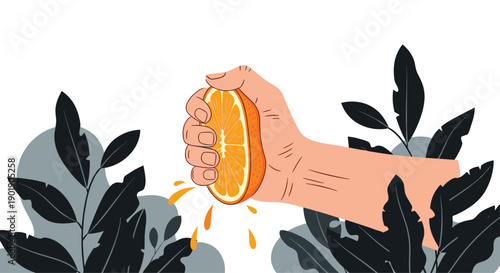Human hand vigorously squeezes a fresh orange, with juice splashing out, surrounded by dark leaves, symbolizing natural freshness and healthy eating.