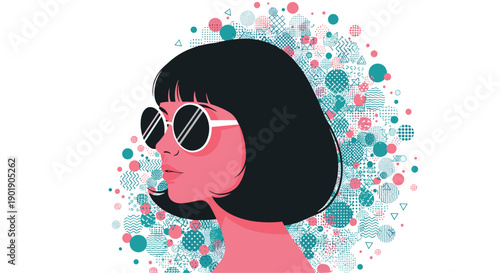 Chic modern woman in profile wearing trendy round sunglasses and a stylish bob haircut, set against a vibrant abstract