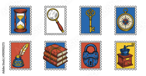 Vintage Hand Drawn Mystery and Exploration Postage Stamp Collection for Scannable Ephemera Designs