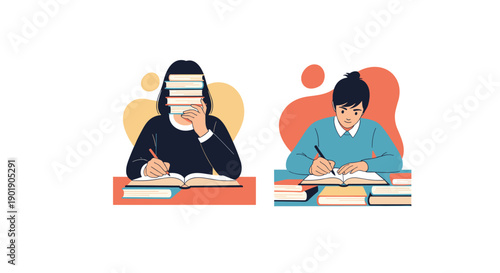 Two diligent students, one balancing books on her head, both writing, symbolizing hard study, focused learning and academic concentration.