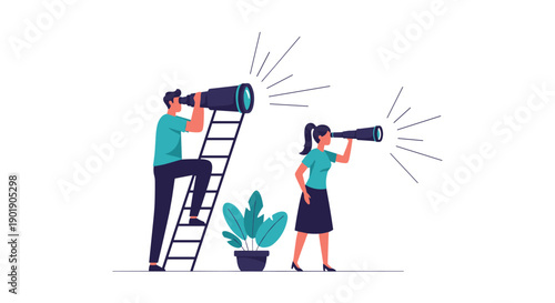 Man on a ladder and woman on the ground both look through telescopes with light rays, symbolizing shared vision, exploration and future discovery.