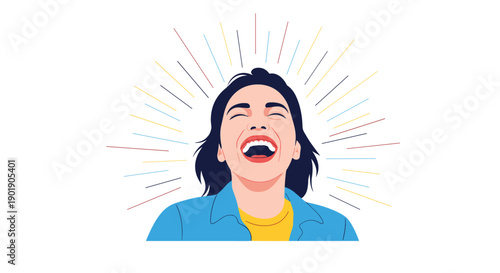 A happy woman laughs heartily with colorful radiating lines symbolizing immense joy and positive emotions.