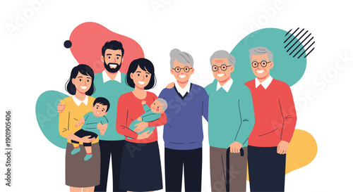 A happy and loving multi-generational family including parents babies and grandparents stands together in unity.