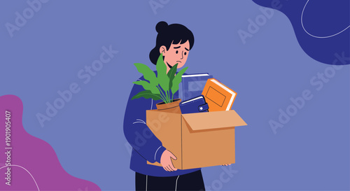 A sad woman carries a box of personal belongings on a purple background illustrating job loss or a difficult life change.