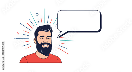 A smiling man with a beard and radiating lines is shown next to a blank speech bubble representing communication ideas or messages.