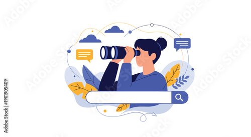 A woman looks through binoculars over a search bar symbolizing exploration recruitment and finding new opportunities.