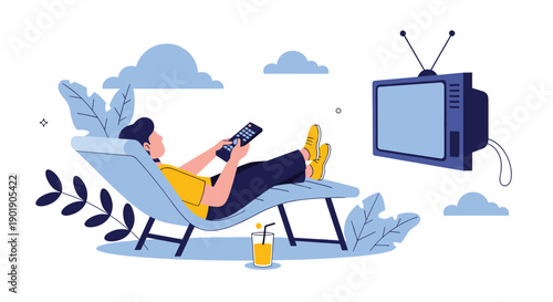 A man relaxes on a lounge chair watching an old television with a drink representing leisure and enjoyable downtime.